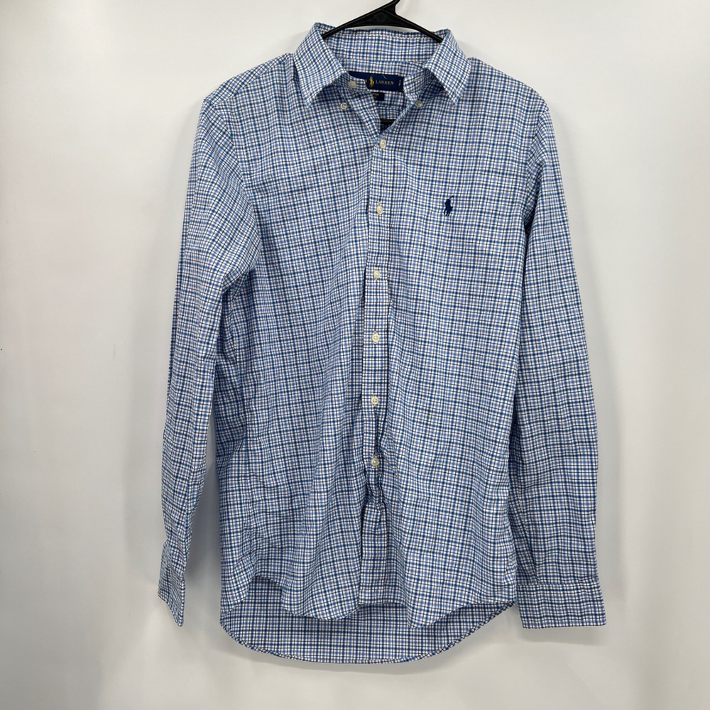 Ralph Lauren Mens Blue White Gingham Check Cotton Stretch Slim Fit Shirt S